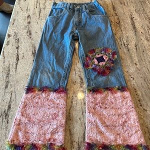 Kids jeans with pink velvet like material and fuzzy trim size 4T